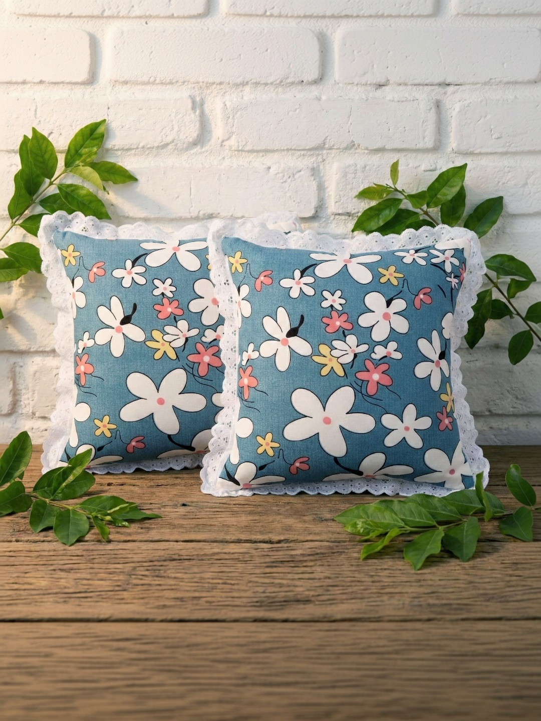 RD TREND Blue Lace Border Cushion Cover Set of 2 16x16 inch