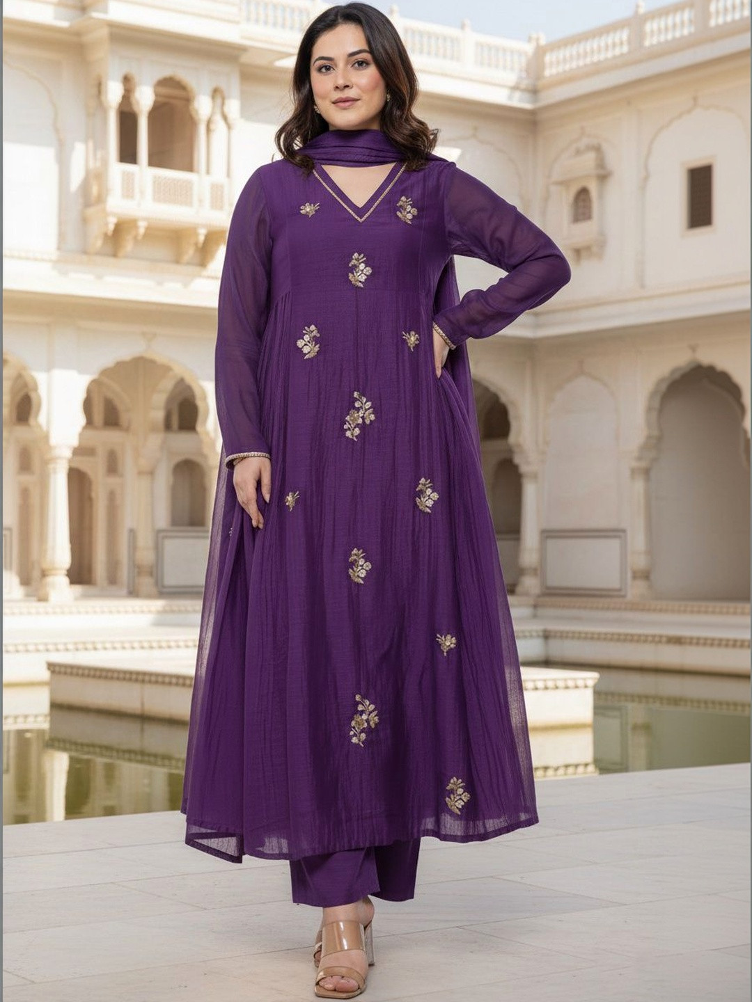 Keitra Women Ethnic Motifs Embroidered Pure Silk Kurta with Trousers & With Dupatta