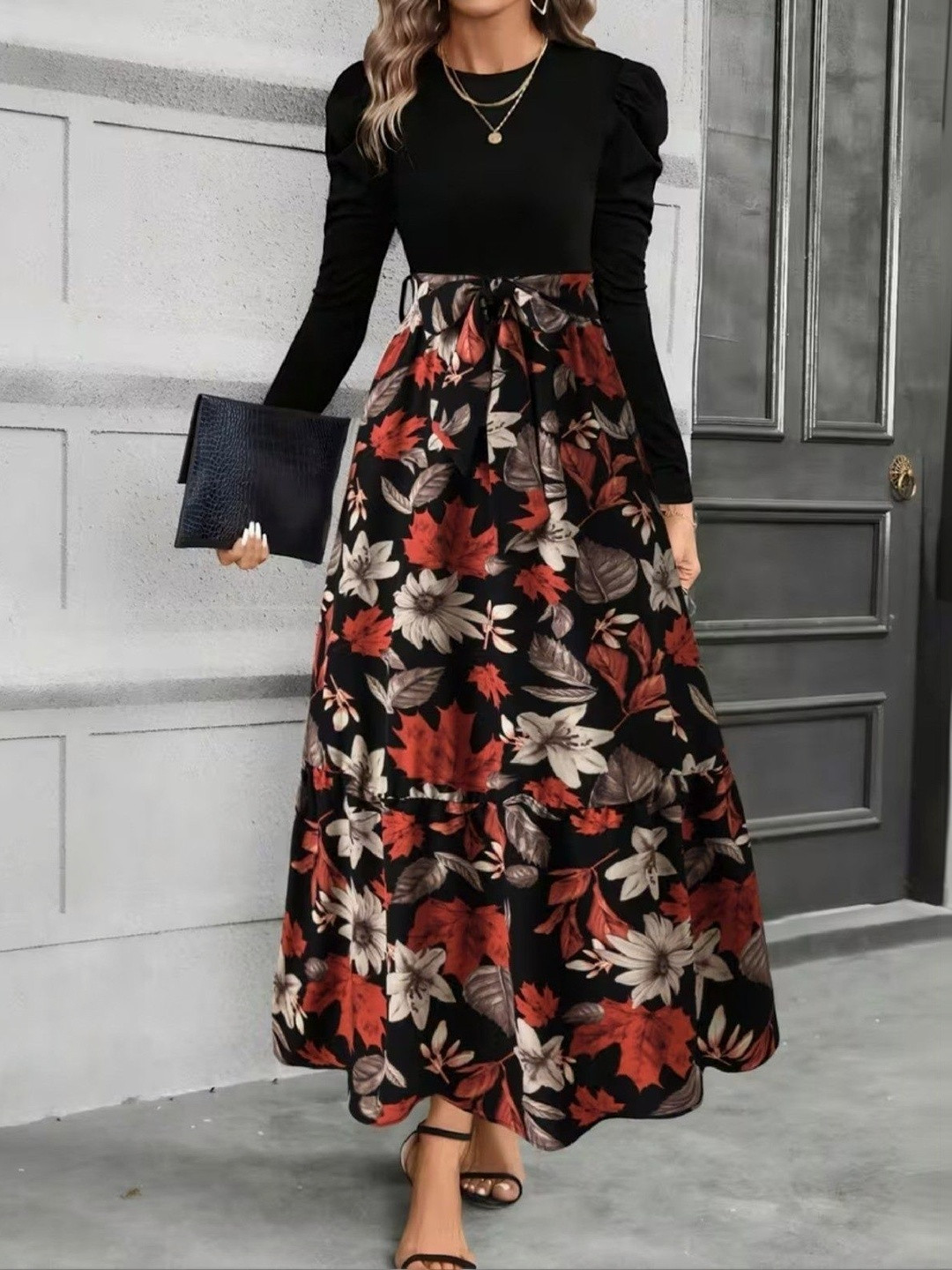 SHYAM SUNDARI Floral Print Puff Sleeve A-Line Maxi Dress