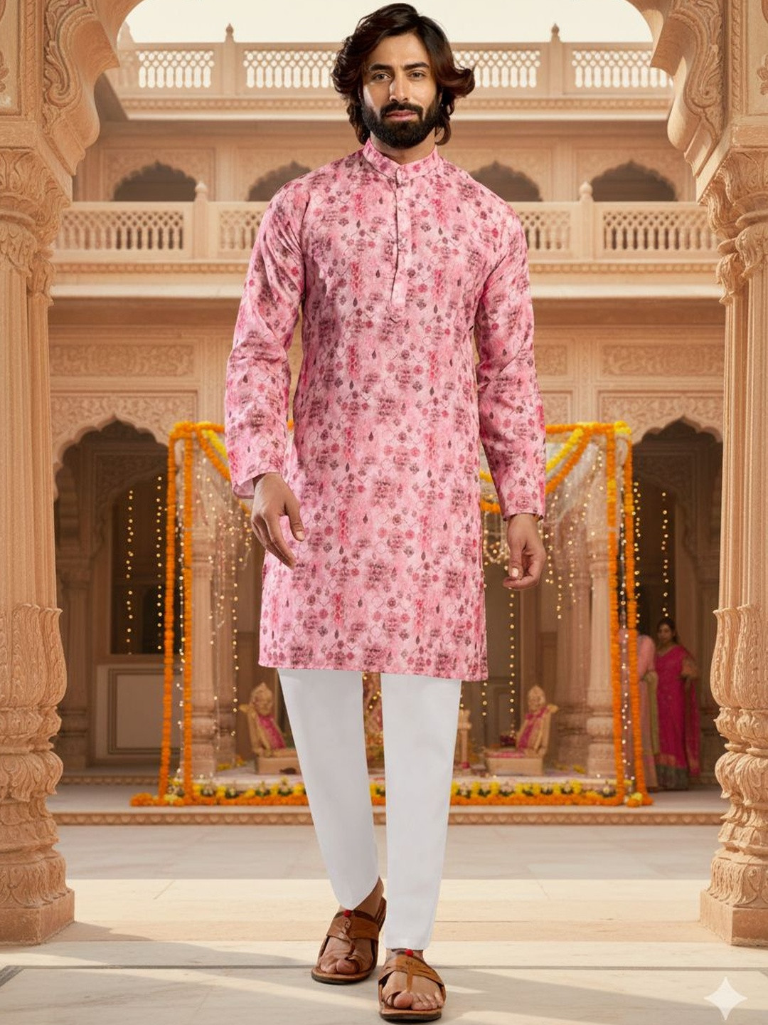 INDIROOP Men Ethnic Motifs Printed Regular Kurta with Trousers