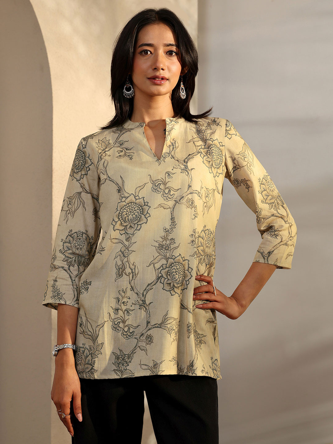 Libas Beige Floral Printed Muslin Straight Short Kurti