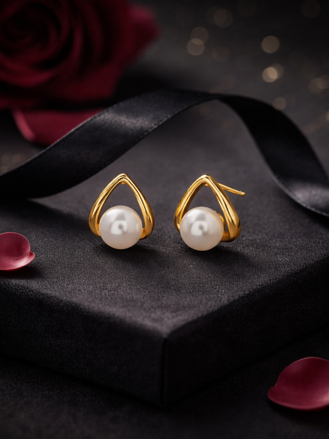 Carlton London Beaded Gold-Plated Triangular Studs Earrings