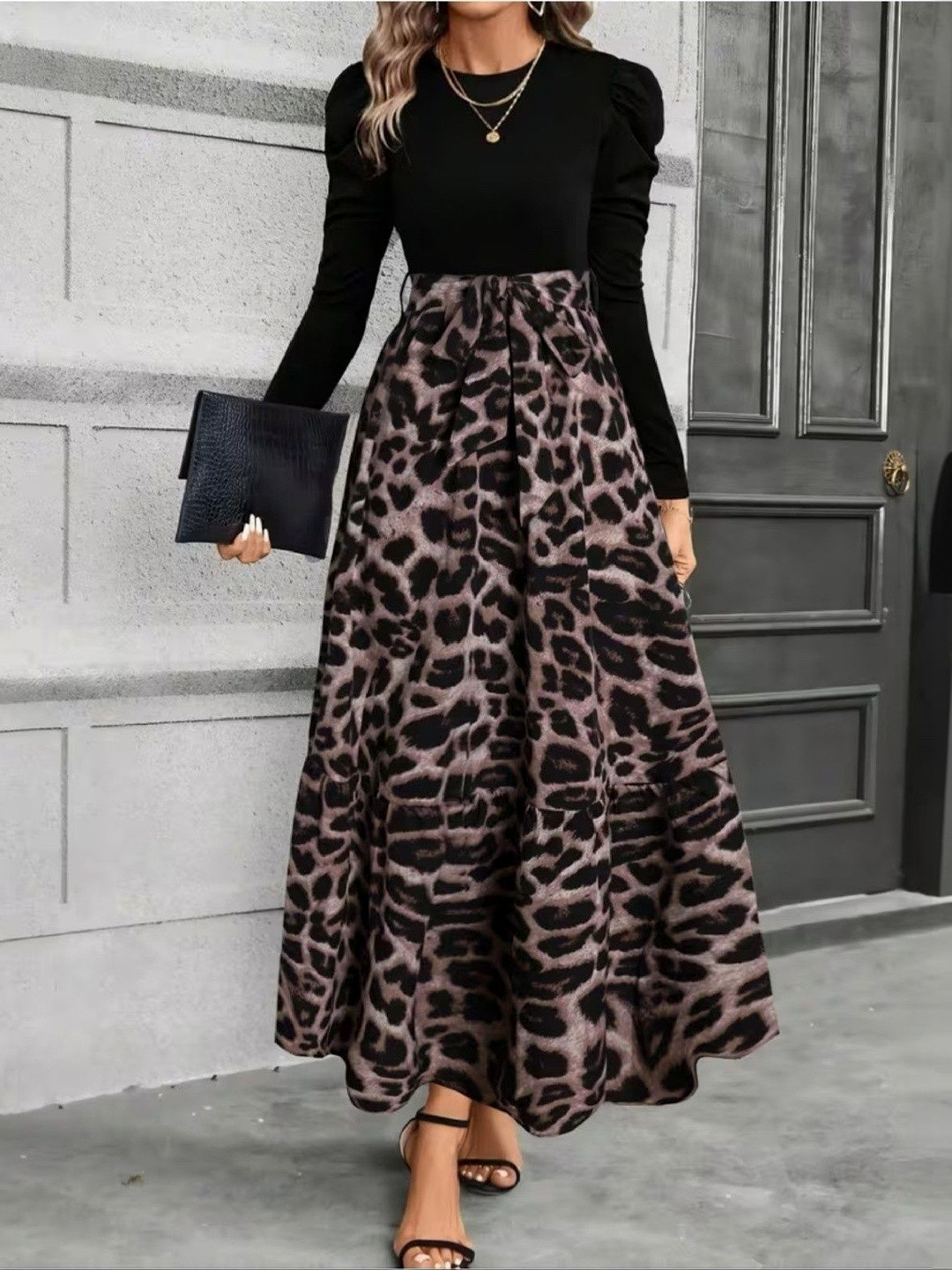 SHYAM SUNDARI Animal Print Puff Sleeve Fit & Flare Maxi Dress