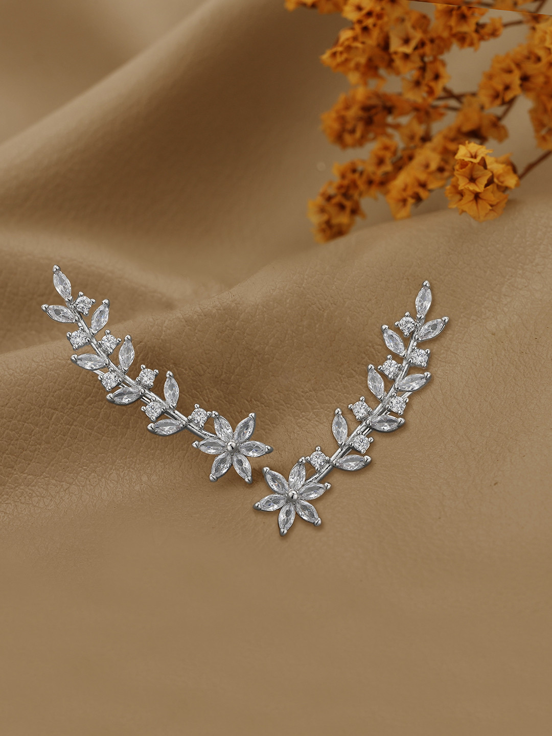 Carlton London Silver Plated CZ Floral and Leaf Climber Earring