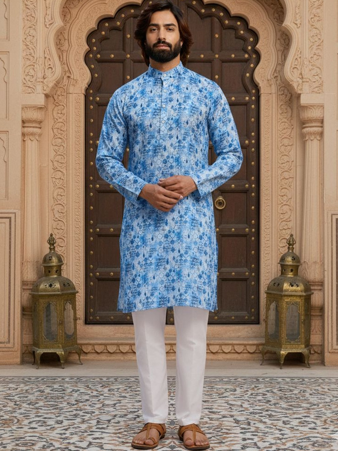 INDIROOP Men Printed Regular Kurta with Pyjamas
