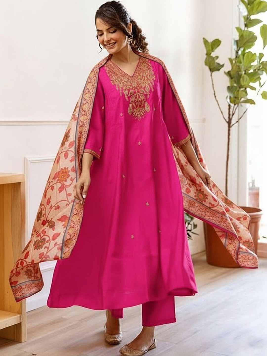 Keitra Women Ethnic Motifs Embroidered Thread Work Pure Silk Kurta with Trousers & Dupatta