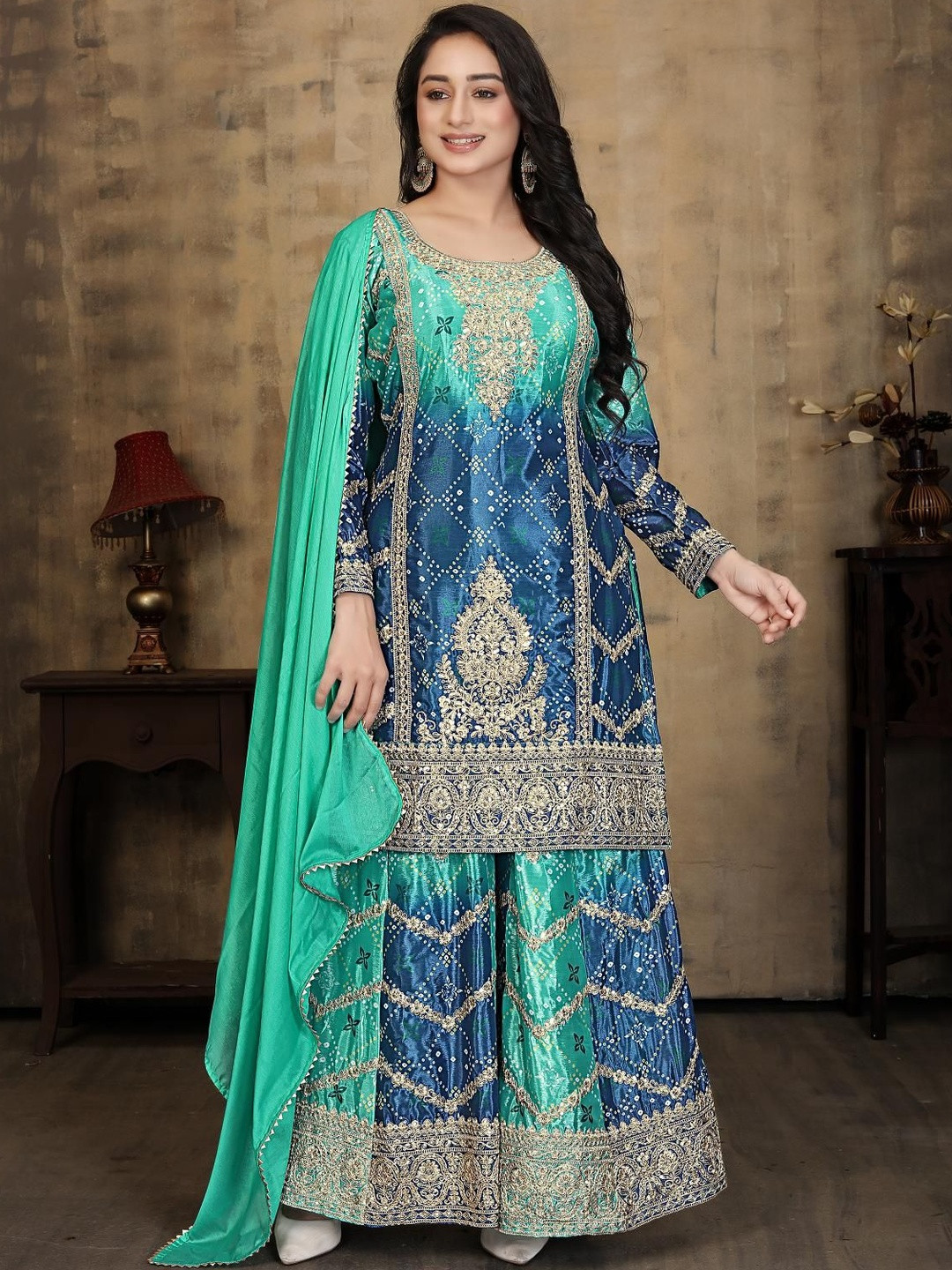 Miss Ethnik Women Bandhani Printed Regular Thread Work Kurta with Sharara & With Dupatta