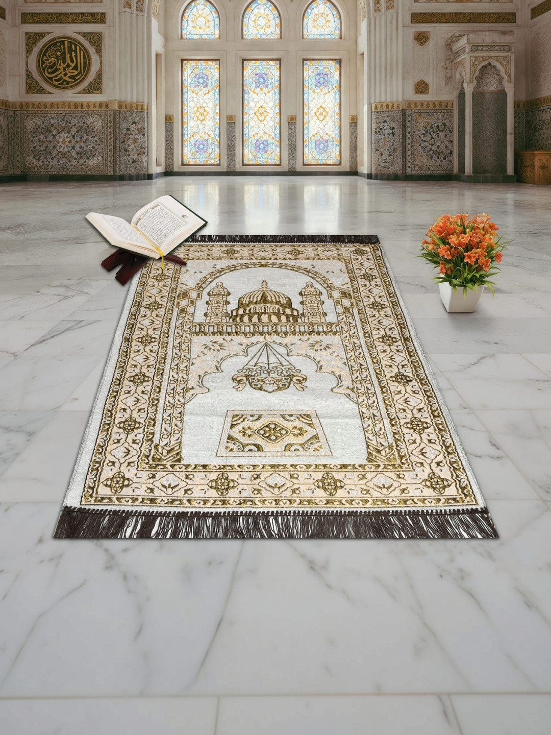 Furnishing Hut Namaz Yellow & White Floral Woven Design Eco Friendly Prayer Mat
