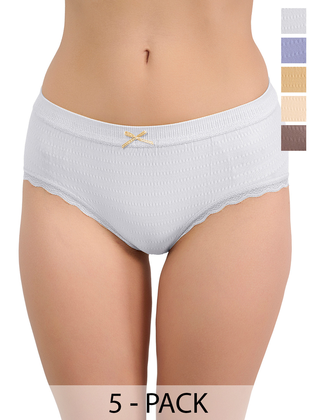 Moda Rapido Pack Of 5 Cotton Lace Frill Trim Mid-Rise Hipster Briefs