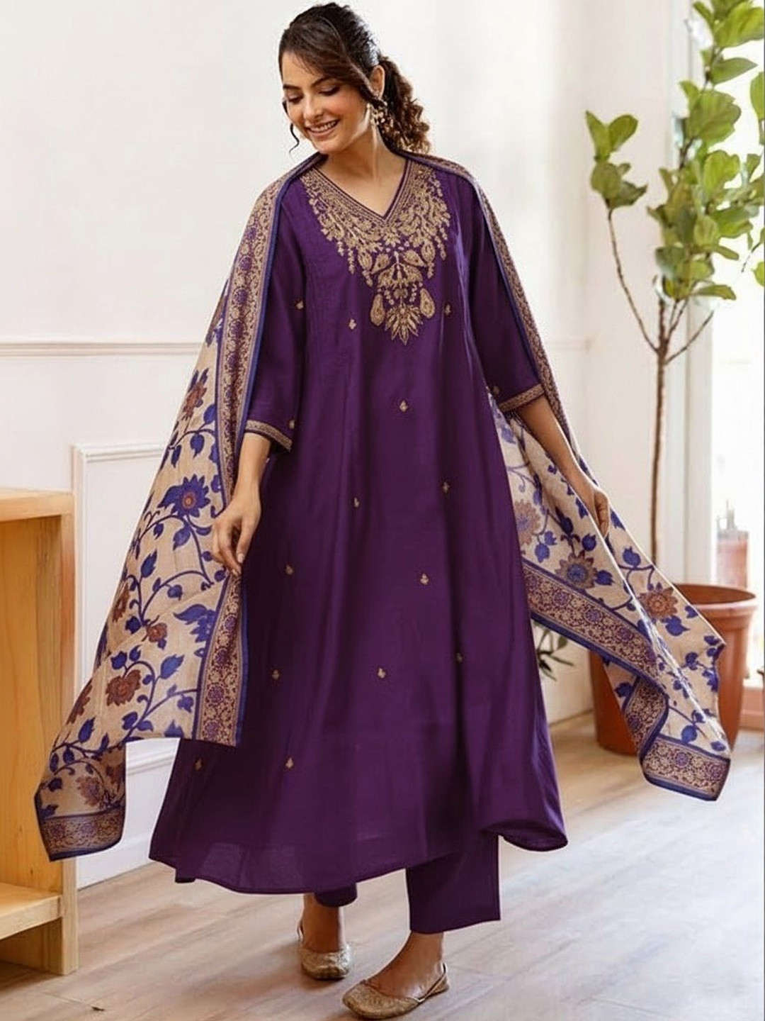 Keitra Women Ethnic Motifs Embroidered Thread Work Pure Silk Kurta with Trousers & Dupatta