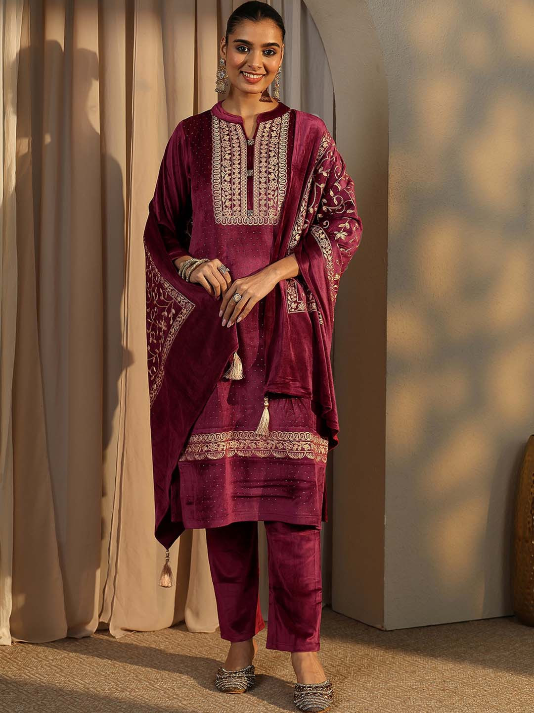 Libas Women Ethnic Motifs Embroidered Regular Thread Work Velvet Kurta with Trousers & With Dupatta