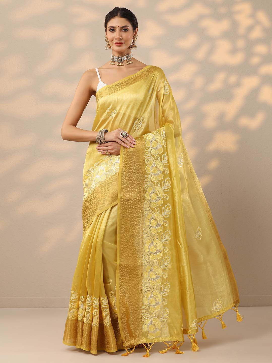 Libas Yellow Embroidered Banarasi Saree With Unstitched Blouse Piece