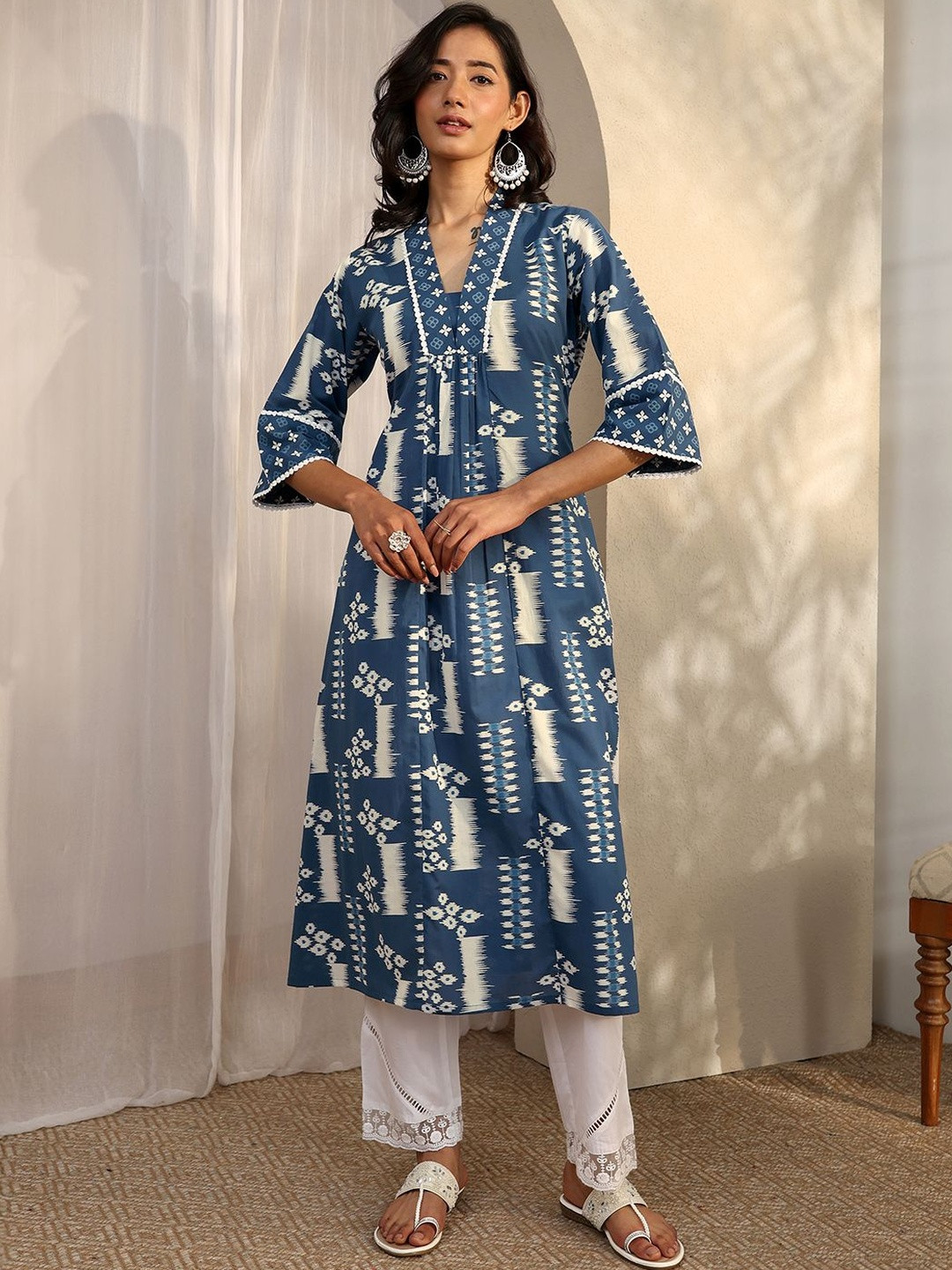 Libas Women Blue Block Printed Cotton A-Line Kurta
