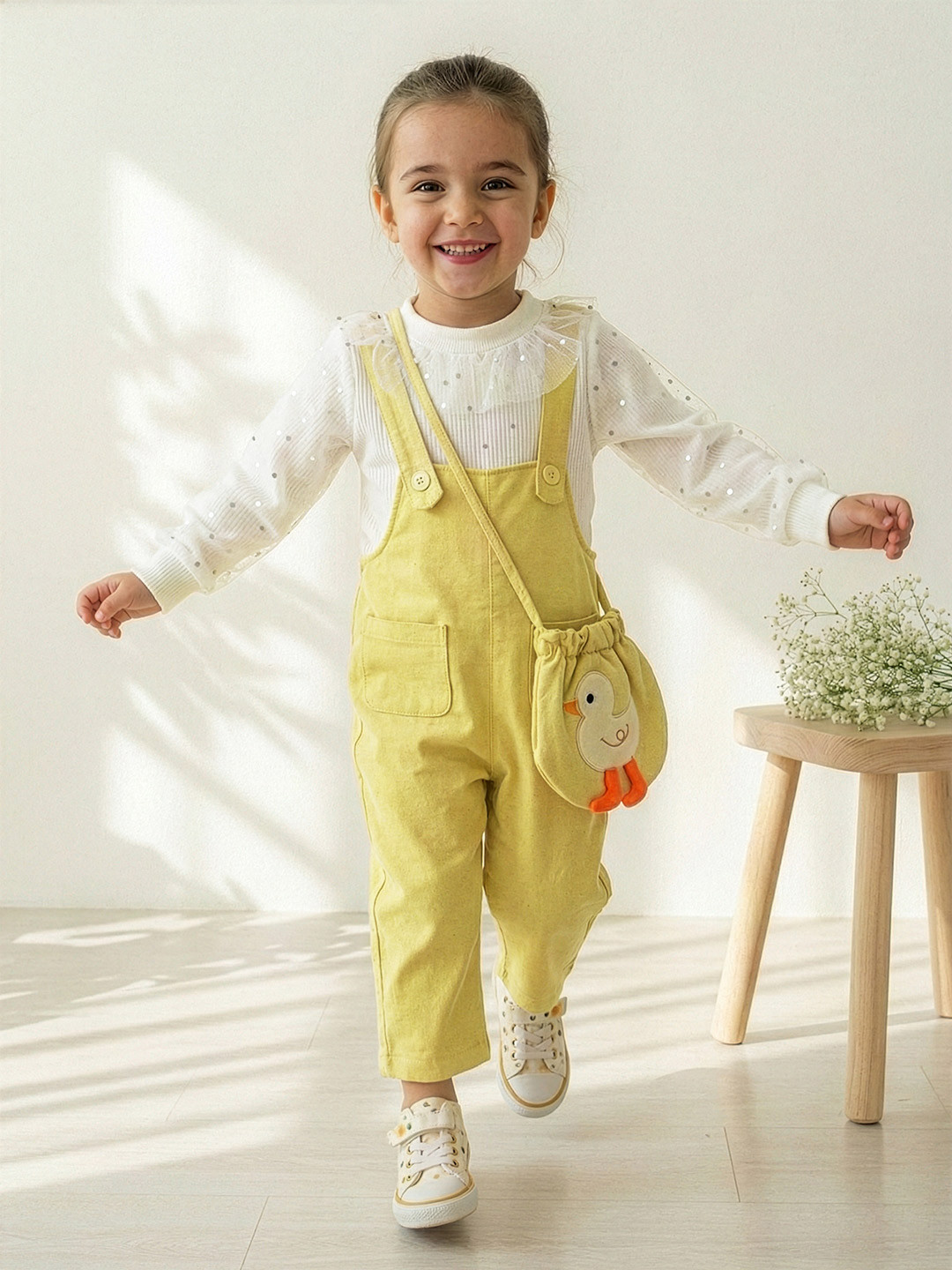 YK Girls Floral Applique Dungarees with Tops - Cardigan & Pouch