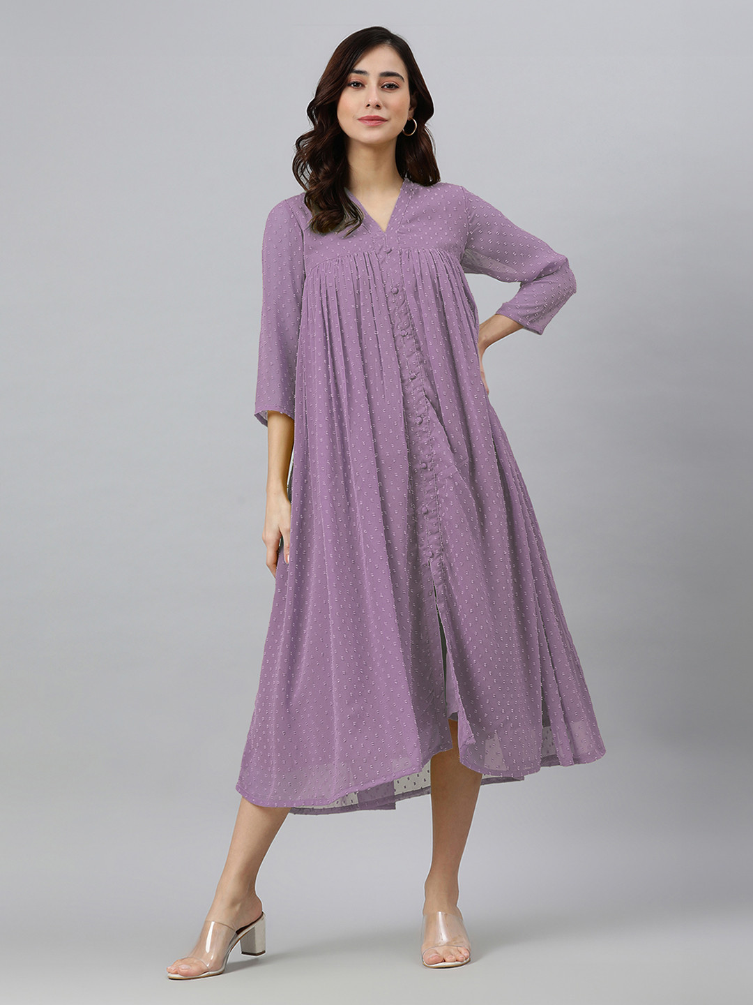 Janasya Women Lavender Dobby Chiffon Self Design Flared Kurta