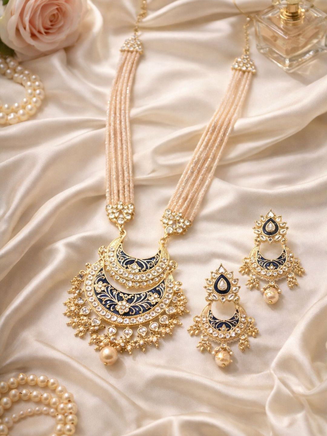 I Jewels Women Blue & White Gold-Plated Pearl Studded & Enamel Necklace Jewellery Set