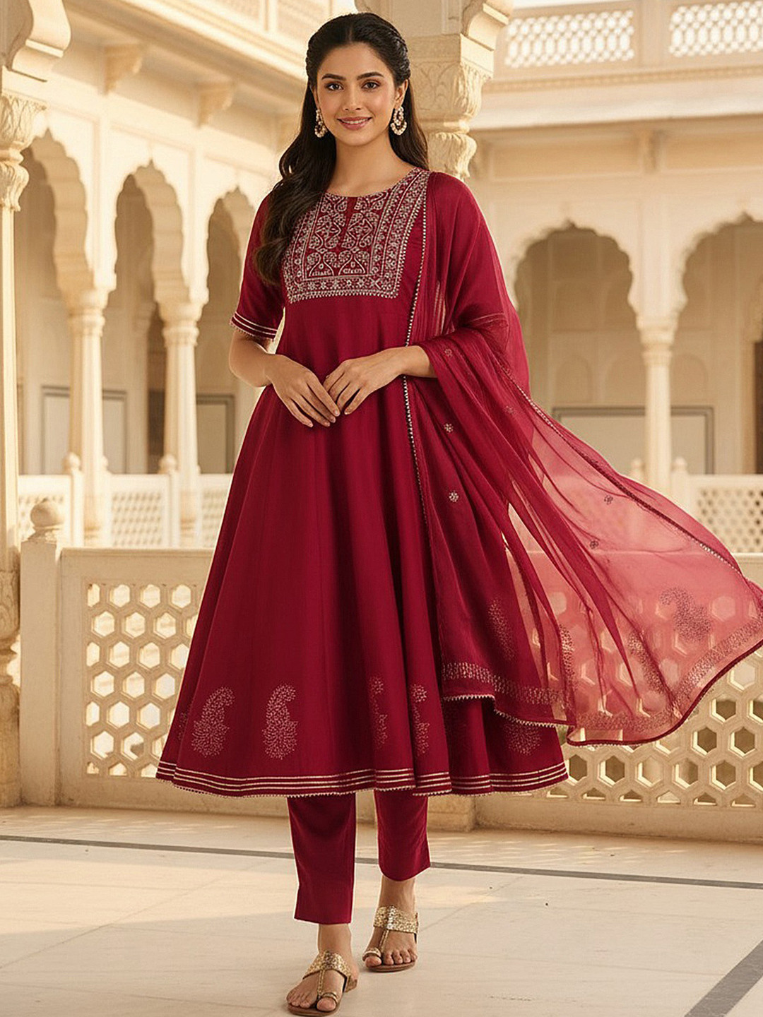 KALINI Ethnic Motifs Yoke Design Thread Work Anarkali Kurta With Trouser & Dupatta