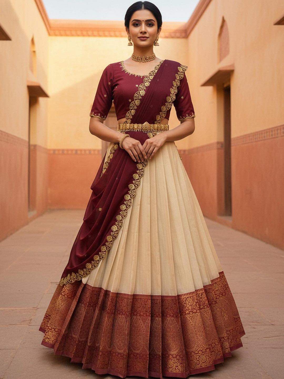 Pink Bindi Embroidered Unstitched Lehenga & Blouse With Dupatta