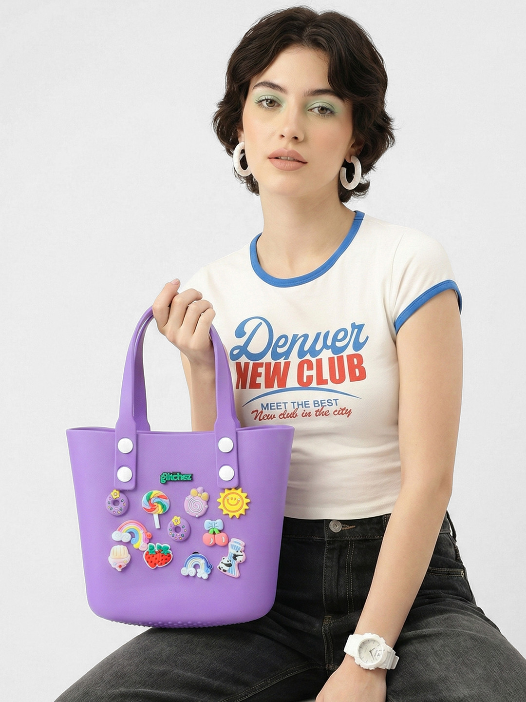 glitchez Structured Handheld Bag with Quirky Appliques