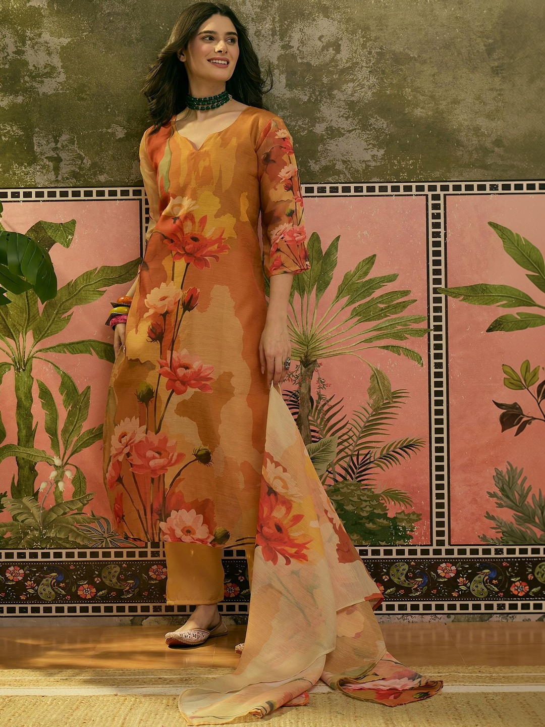 Sangria Printed Sweetheart Neck Kurta Trousers & Dupatta