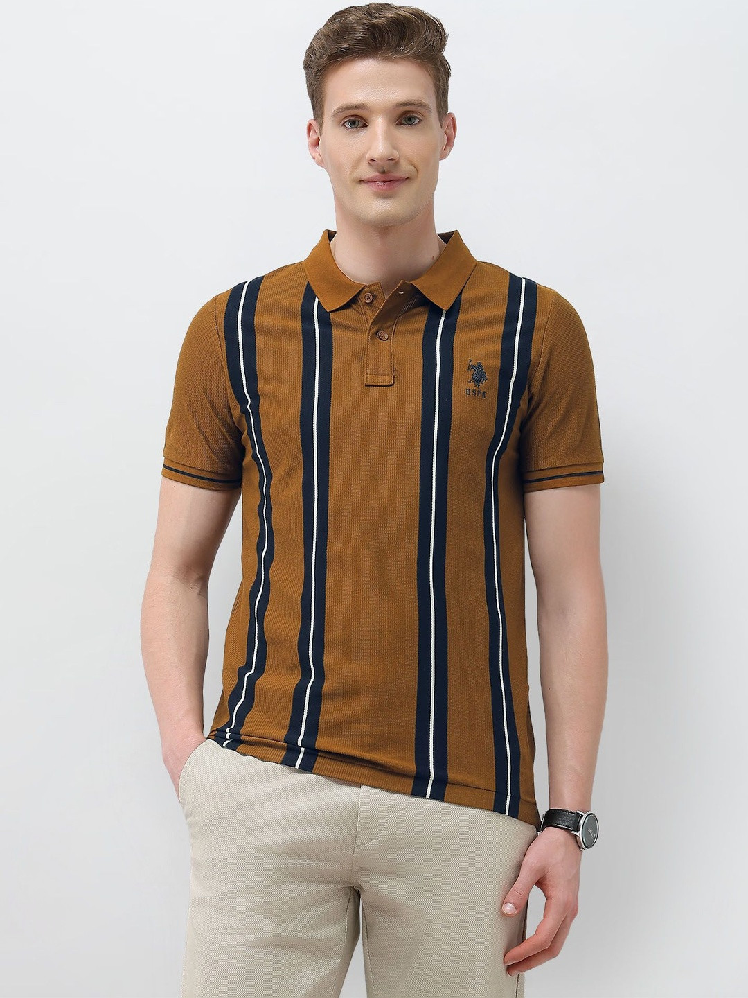 U.S. Polo Assn.Vertical Structured Striped Pure Cotton Polo Collar T-shirt