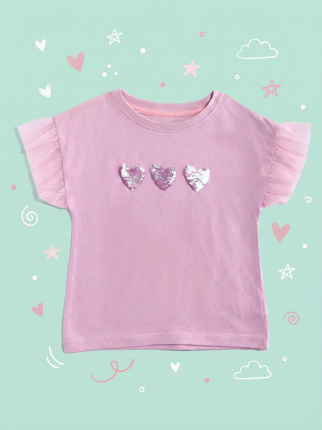 mothercare Girls Net Conversational Embellished Puff Sleeves Pure Cotton Regular Top