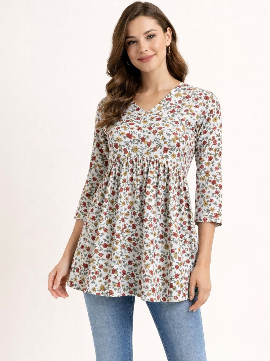 ZARISTAA Floral Print Crepe A-Line Three-Quarter Dress