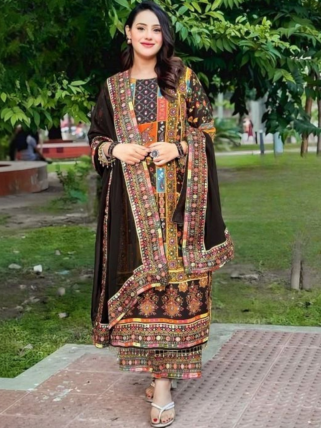 HBJ FASHION Women Ethnic Motifs Printed Regular Mirror Work Pure Cotton Kurta with Trousers & With Dupatta