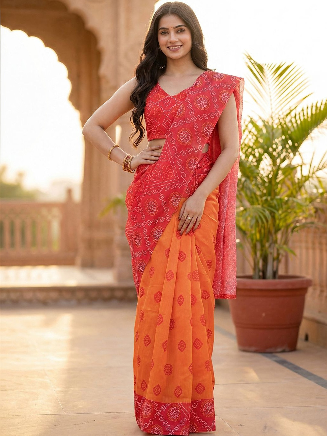 Mitera Bandhani Linen Blend Half and Half Bandhani Saree