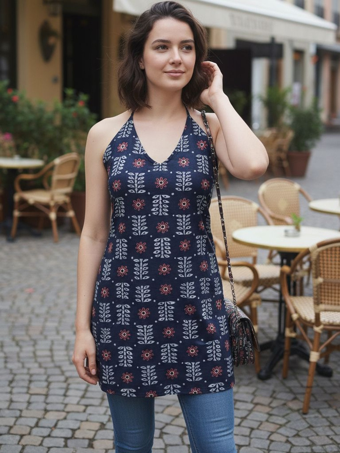 ZIVRAA Ethnic Motifs Printed Halter Neck Kurti