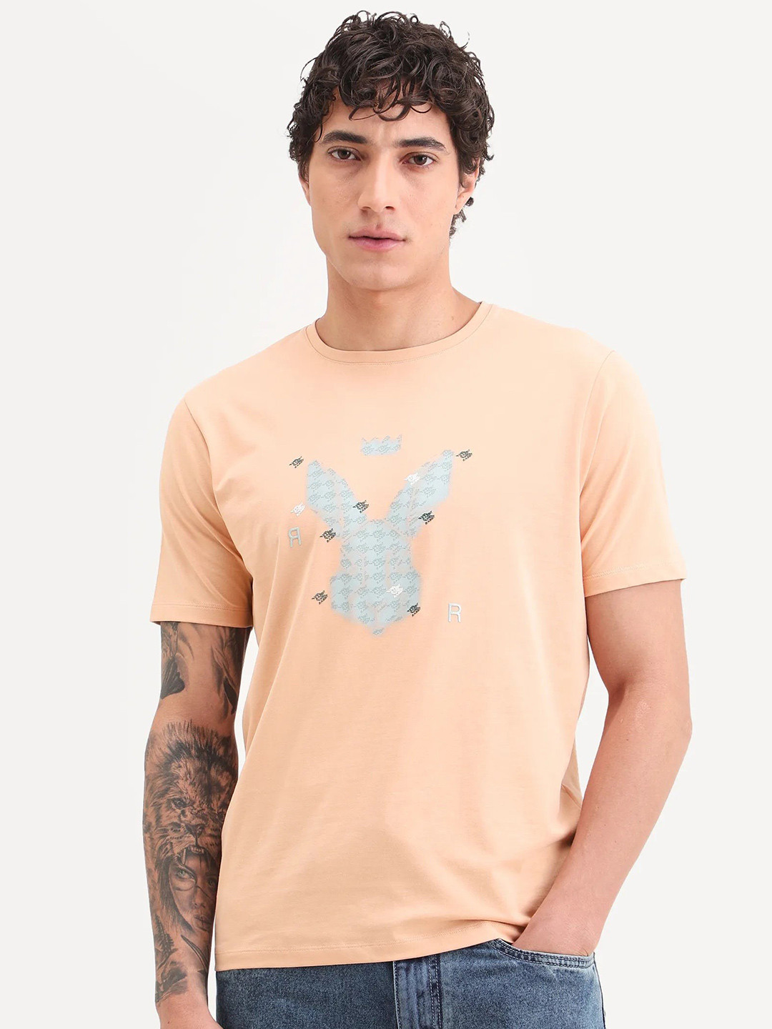 RARE RABBIT Anc Graphic Cotton V-Neck Short Sleeves T-shirt