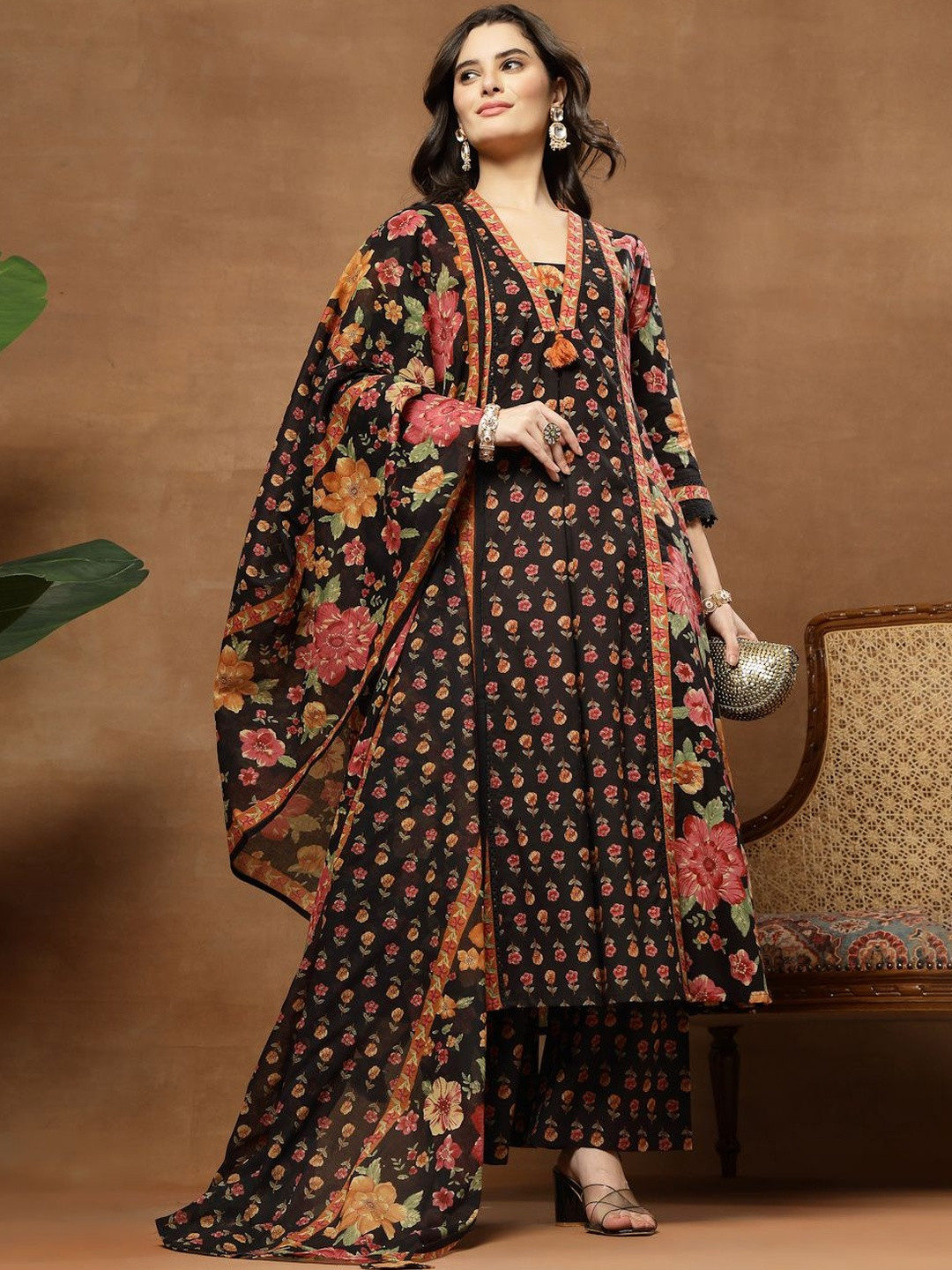 Sangria Printed Pure Cotton V-Neck Kurta & Palazzos Kurta Set