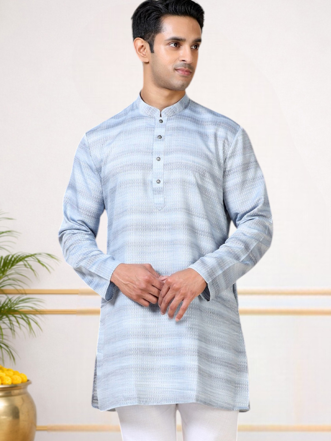 TATTVA Striped Mandarin Collar Straight Short Kurta
