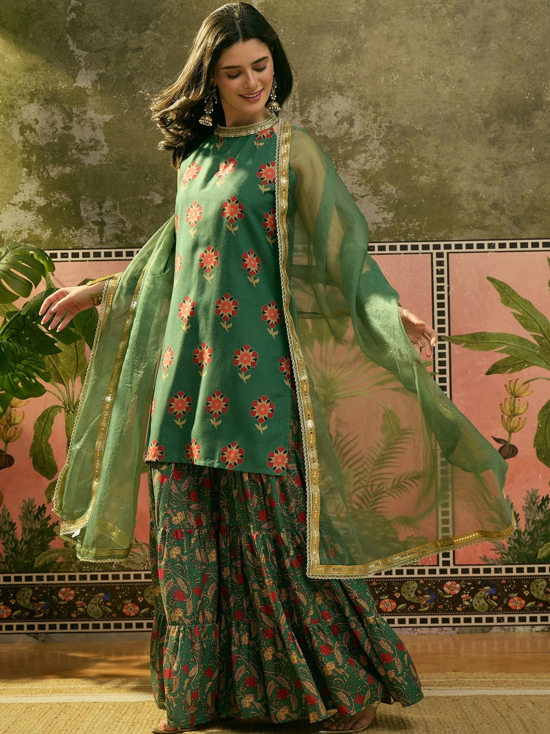 Sangria Printed Round Neck Kurta Sharara & Dupatta