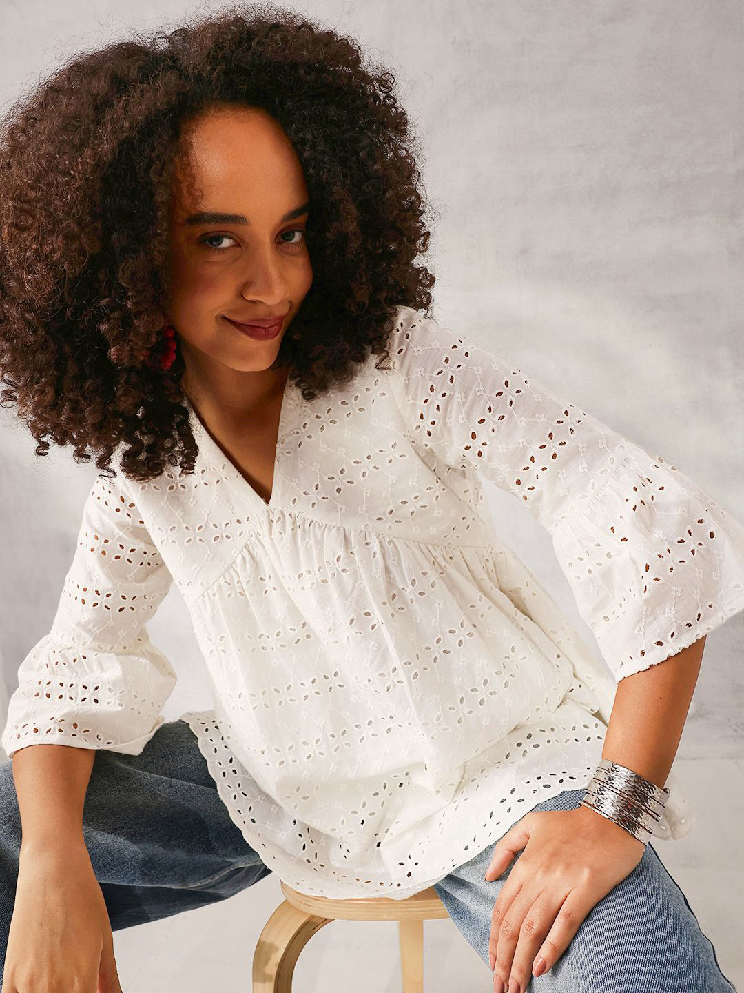 Ishin Embellished Embroidered Bell Sleeve Top
