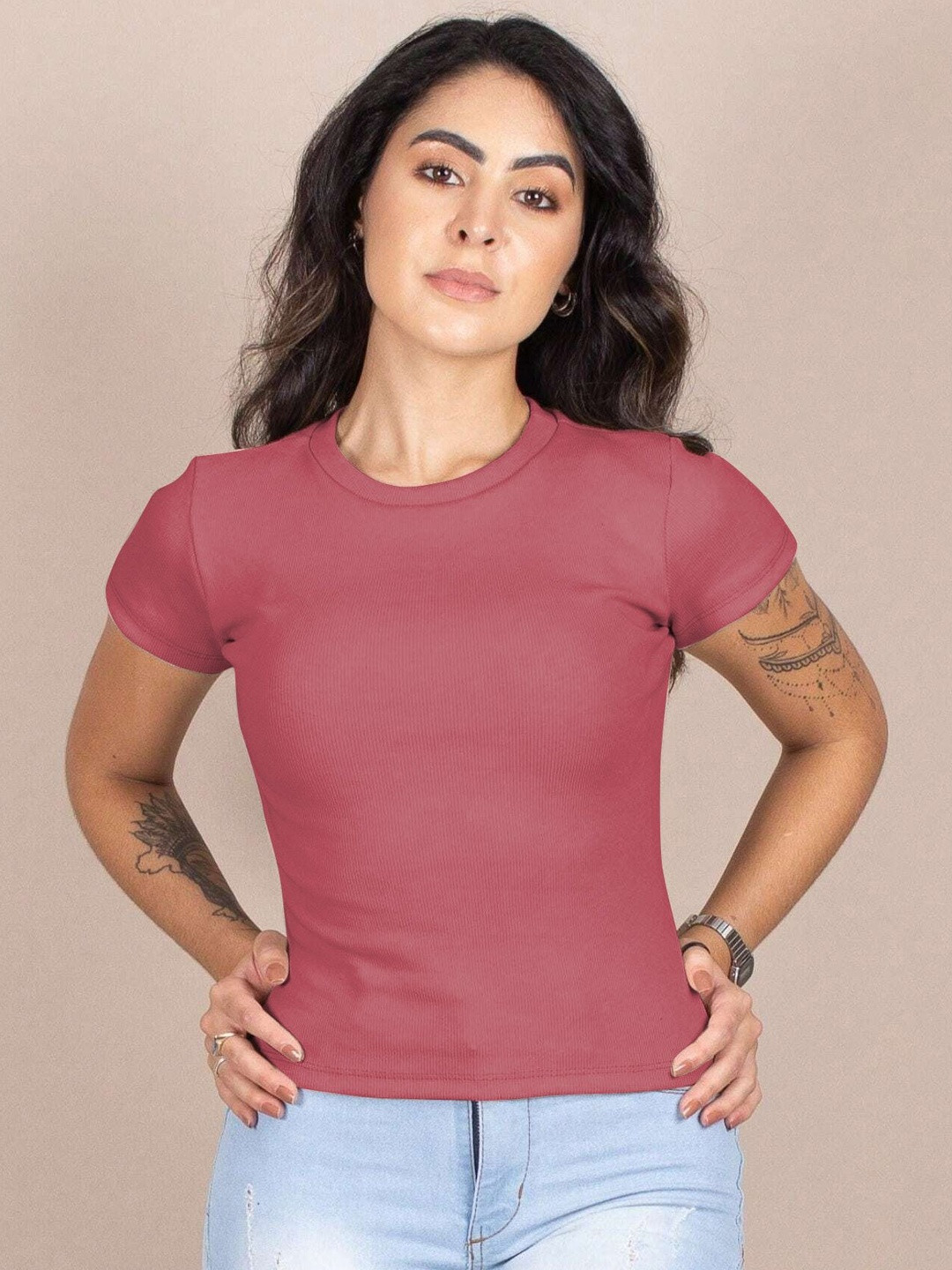 BAESD Solid Round Neck Short Sleeves Top