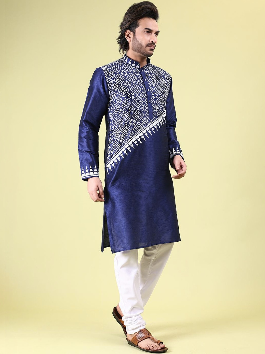 RANAK Men Block Printed Mandarin Collar Straight Kurta