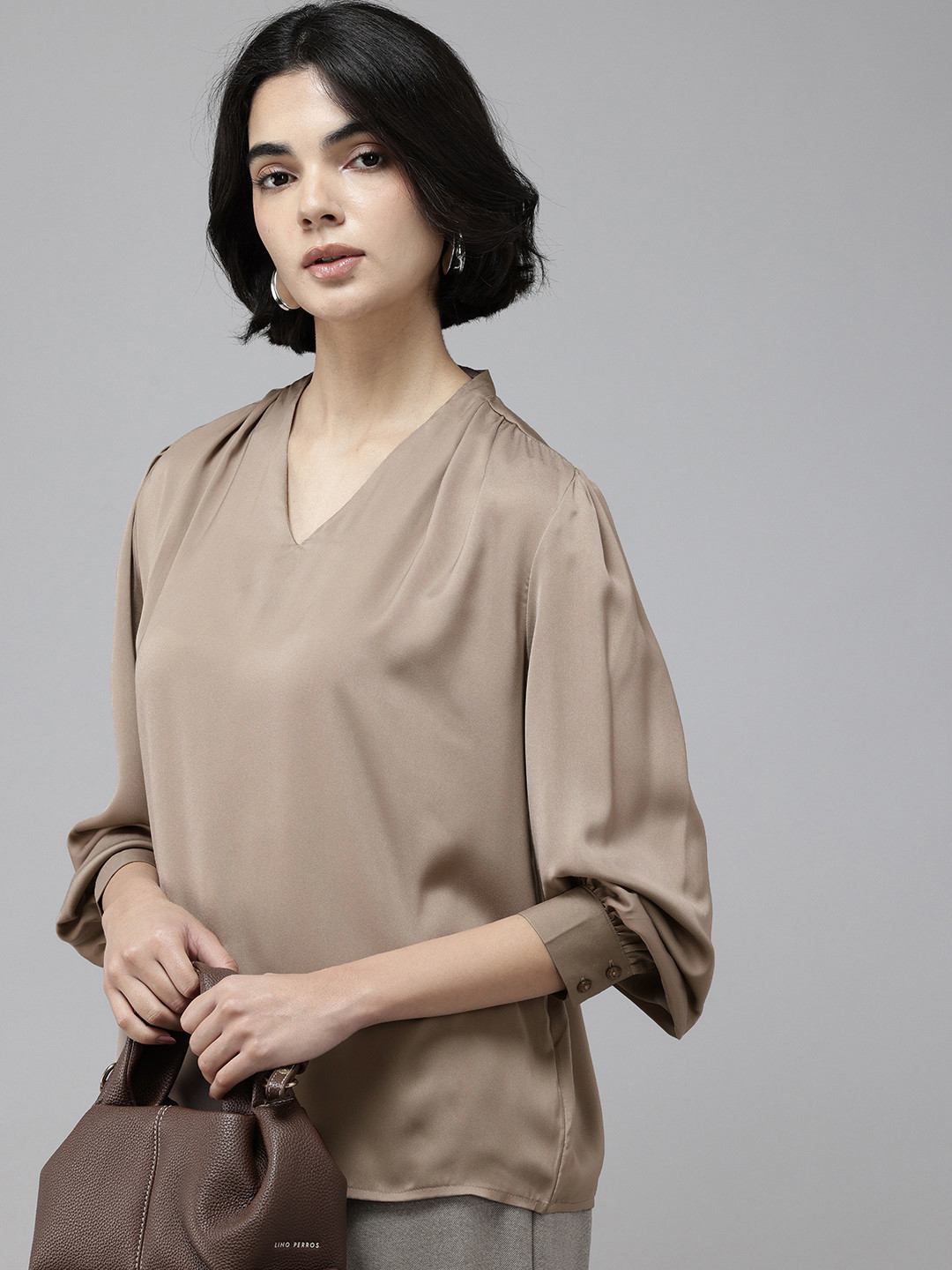 Van Heusen V-Neck Cuffed Sleeves Gathered Top