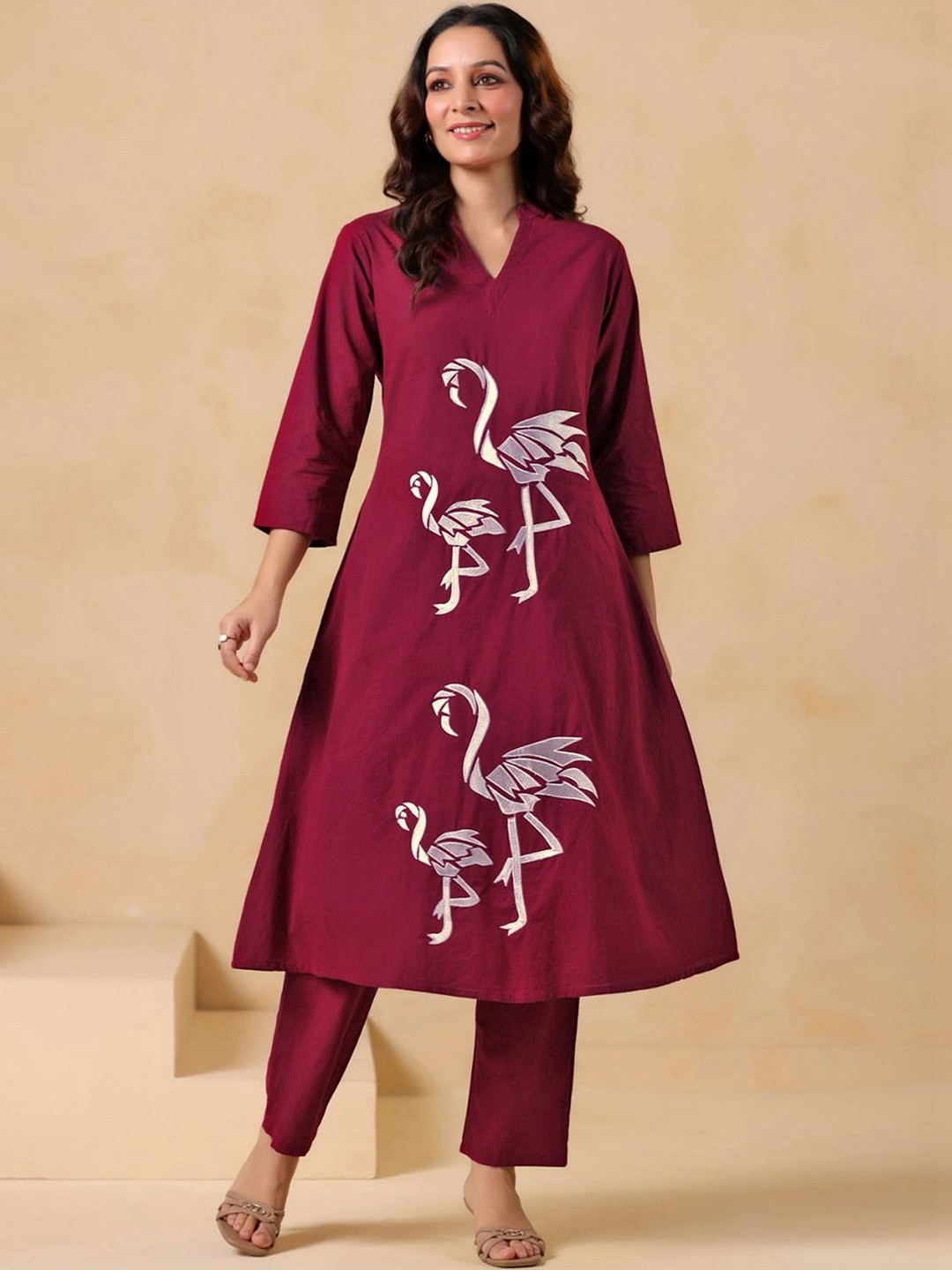 Skylee Pop Embroidered Dusty Wine Cotton Co Ords for Women