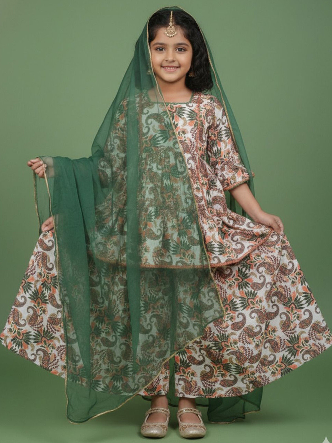 YK Girls Paisley Printed Empire Kurta with Palazzos & With Dupatta