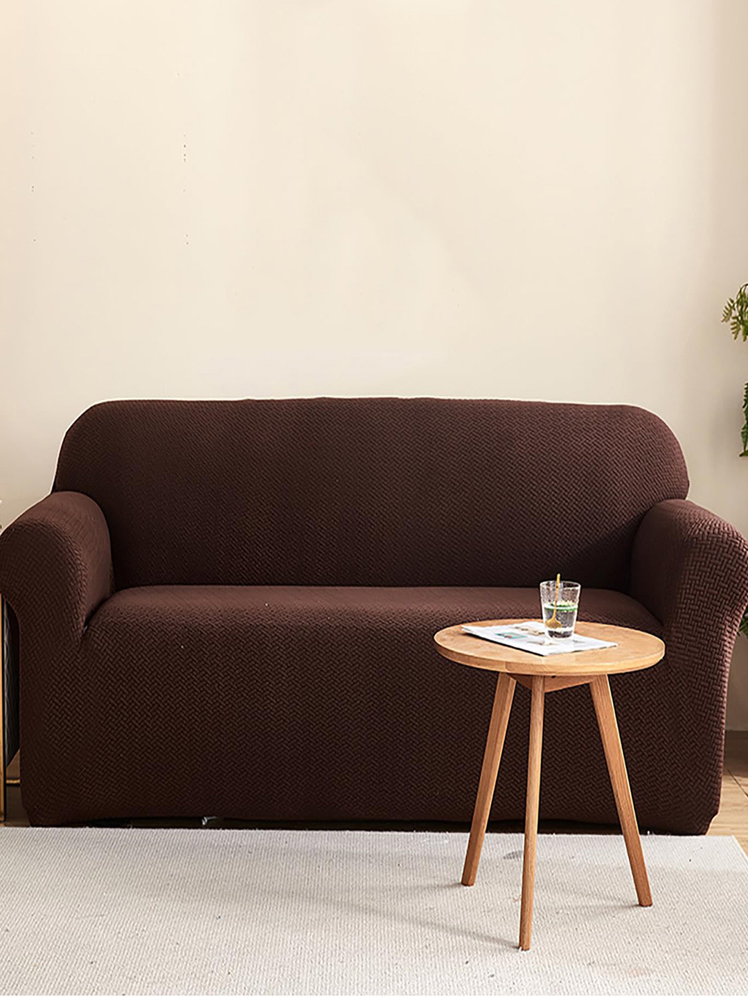 HOUSE OF QUIRK Brown Self Design Polar Fleece 220 GSM 5 Seater Stretchable Sofa Slipcover