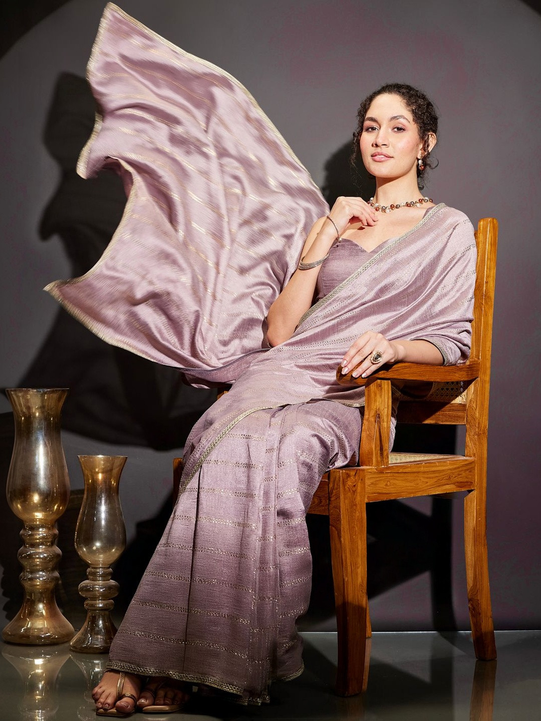 Janasya Lavender Silk Blend Ready To Wear Embellished Saree with Unstitched Blouse