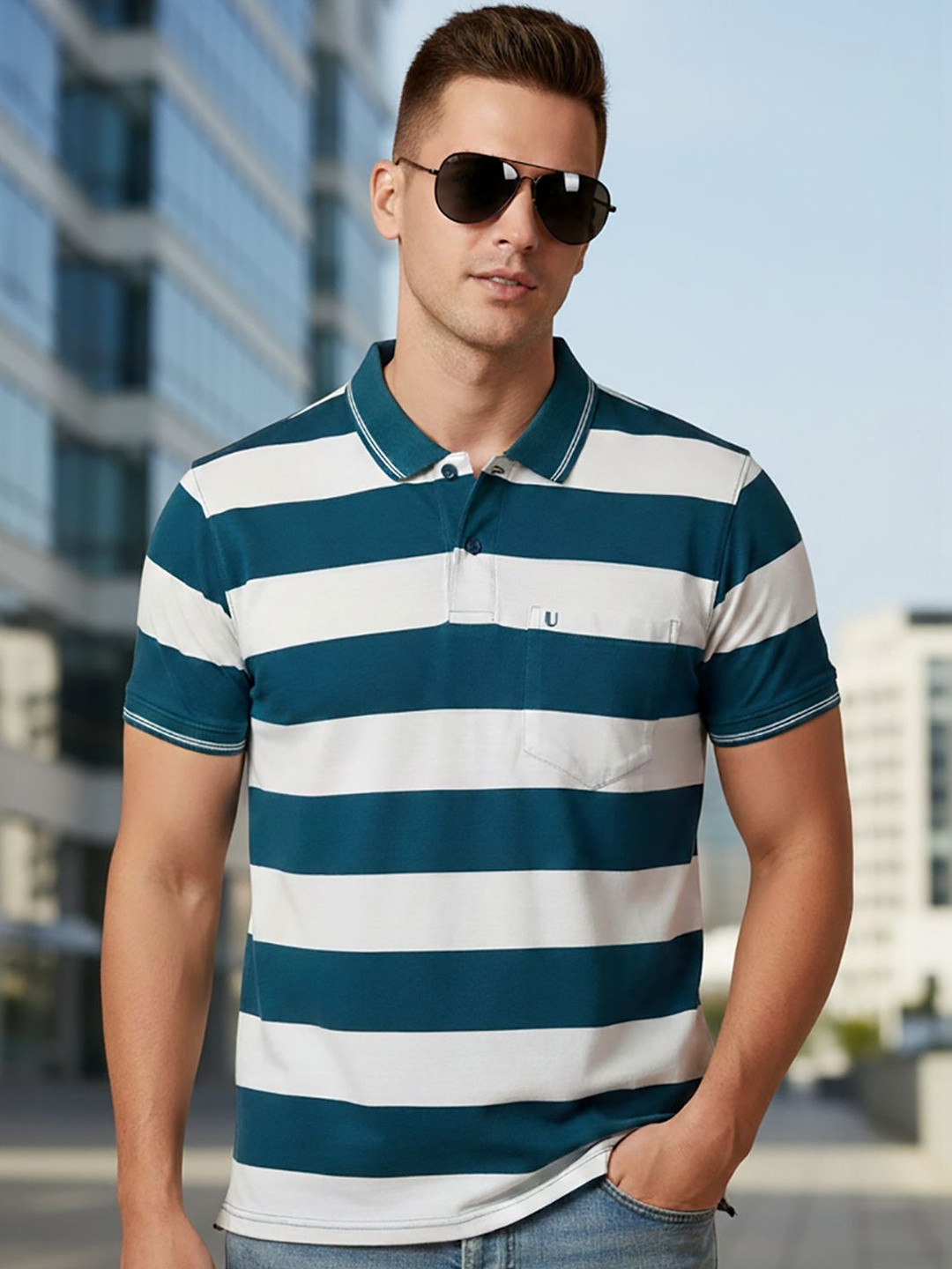 UNIBERRY JEANS Men Striped Polo Collar Pockets T-shirt