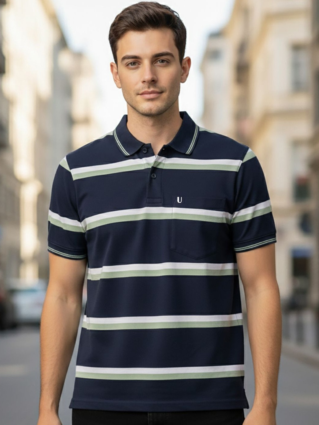 UNIBERRY JEANS Men Striped Polo Collar Pockets T-shirt