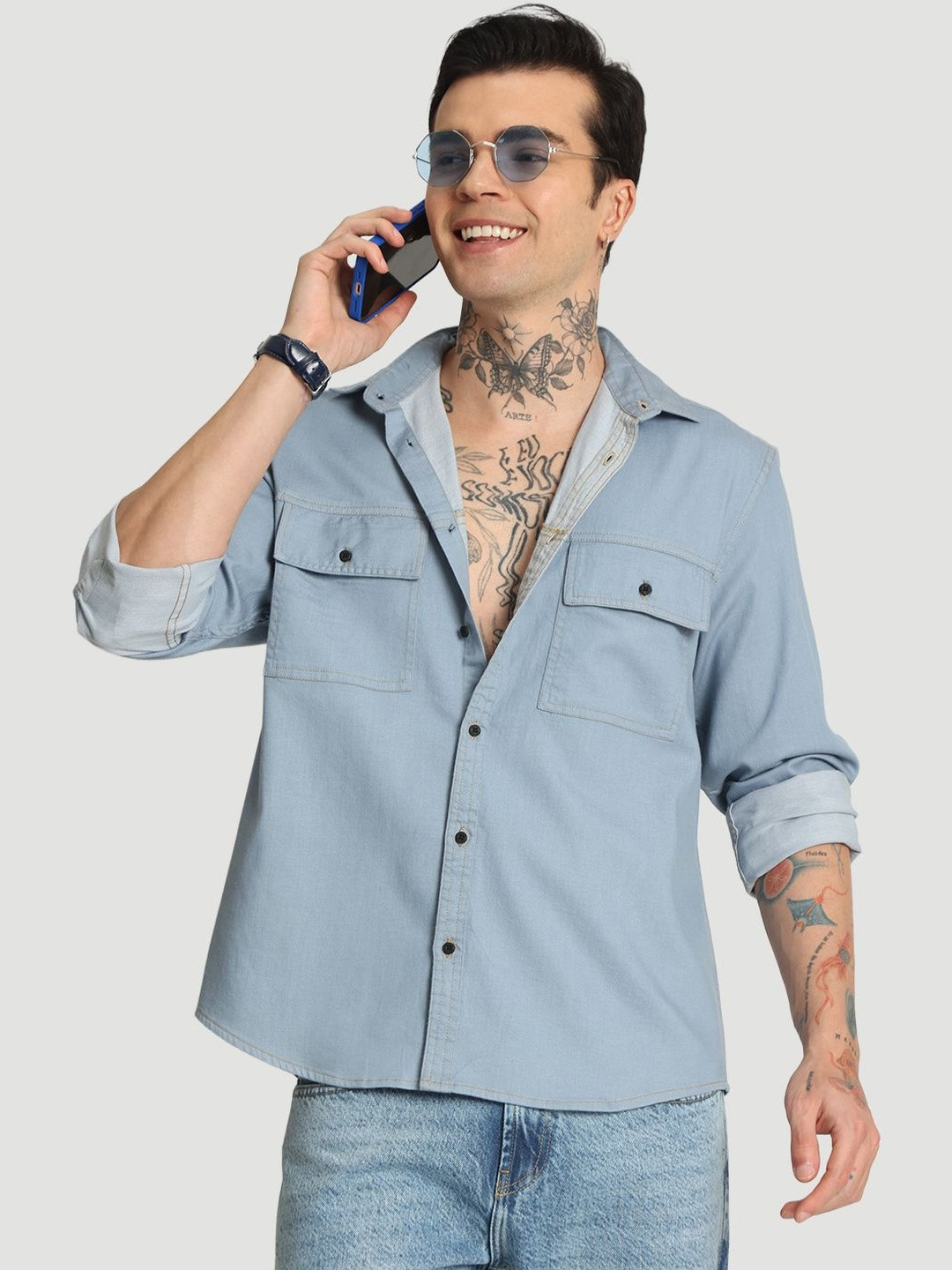 Bene Kleed Men Relaxed Fit Faded Casual Denim Shirt