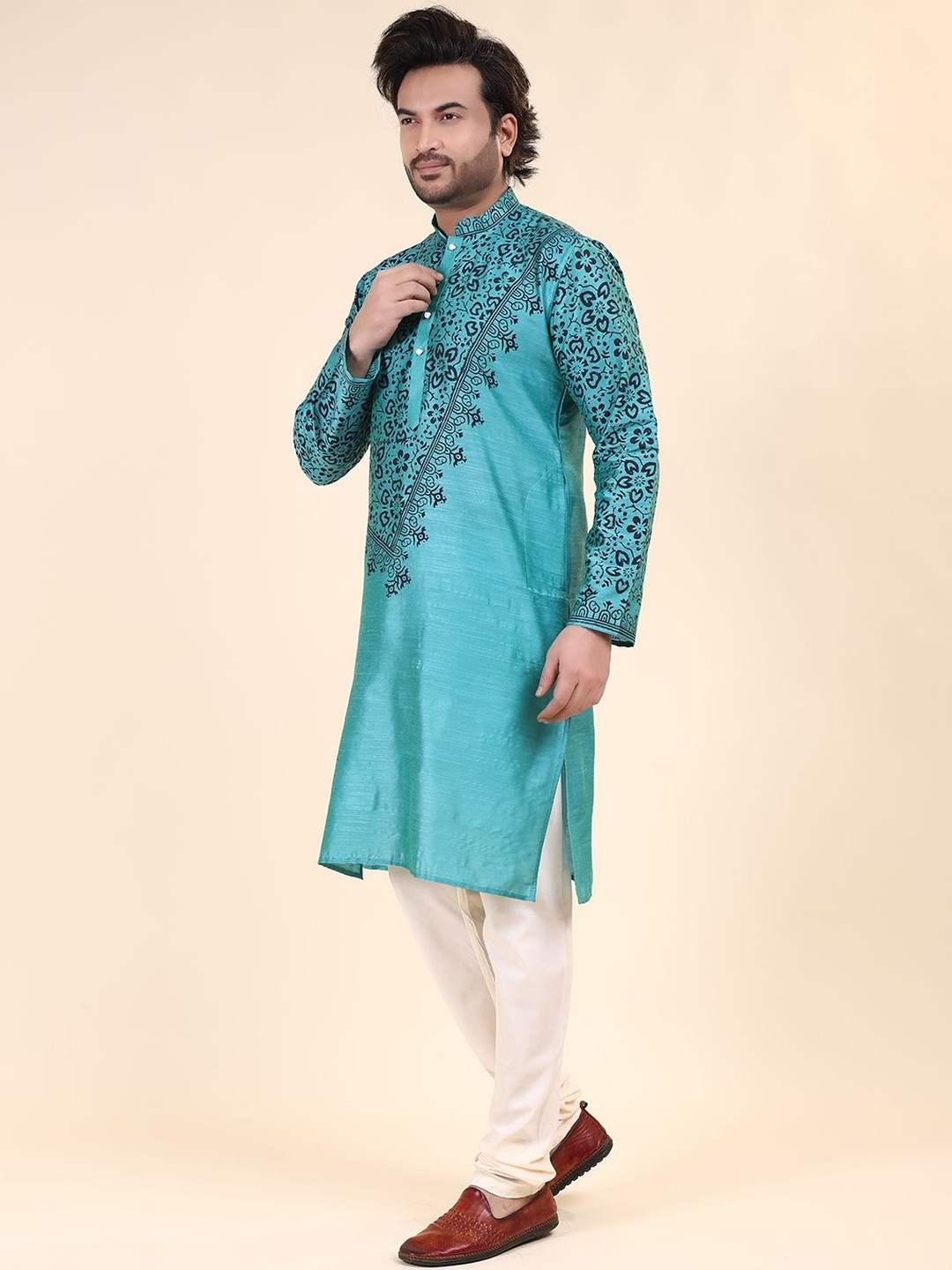 RANAK Men Block Printed Mandarin Collar Straight Kurta
