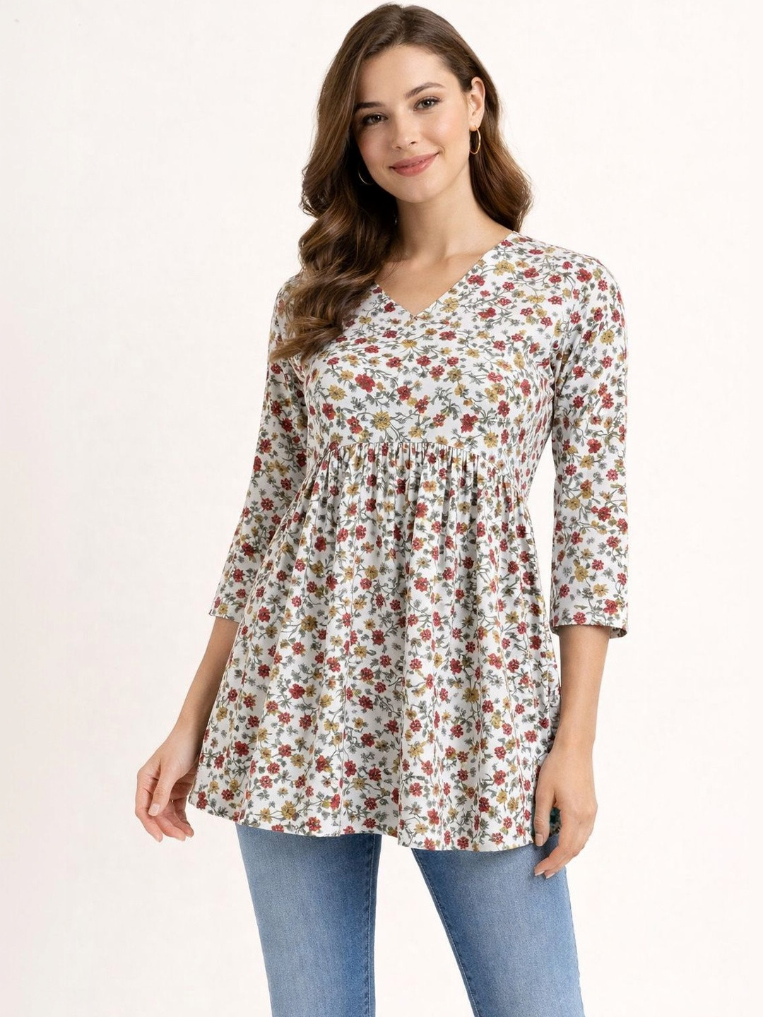 ZARISTAA Floral Print Crepe A-Line Three-Quarter Dress