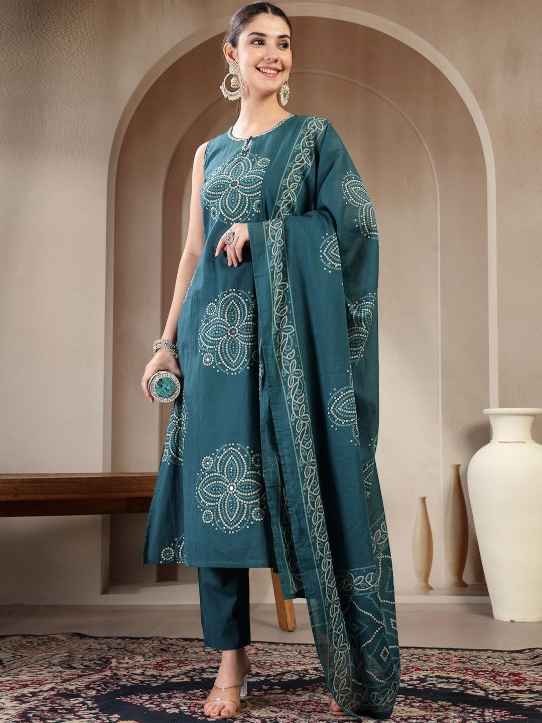 Sangria Printed Pure Cotton Round Neck Kurta & Trousers Kurta Set
