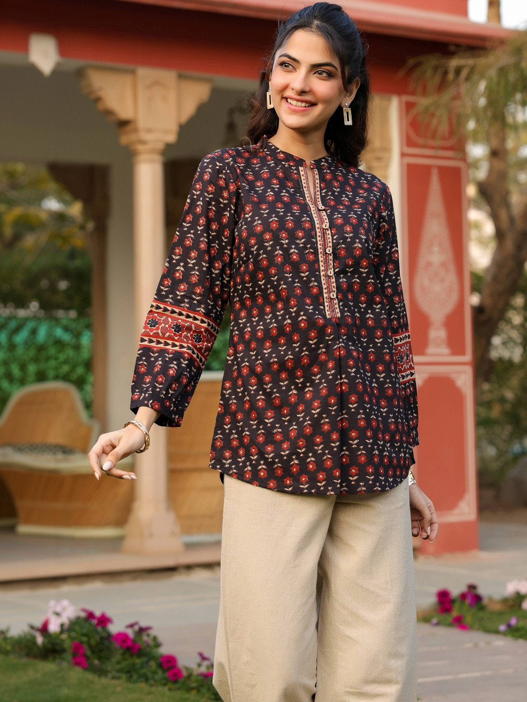 Rain & Rainbow Print Mandarin Collar Cotton Top