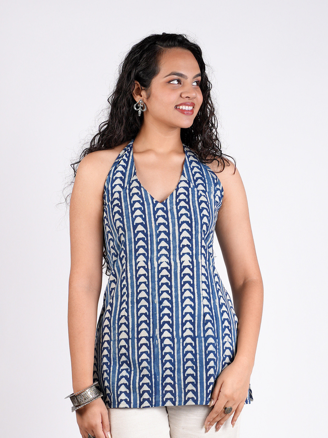 Nishorama Ethnic Motifs Printed Halter Neck Pure Cotton Kurti